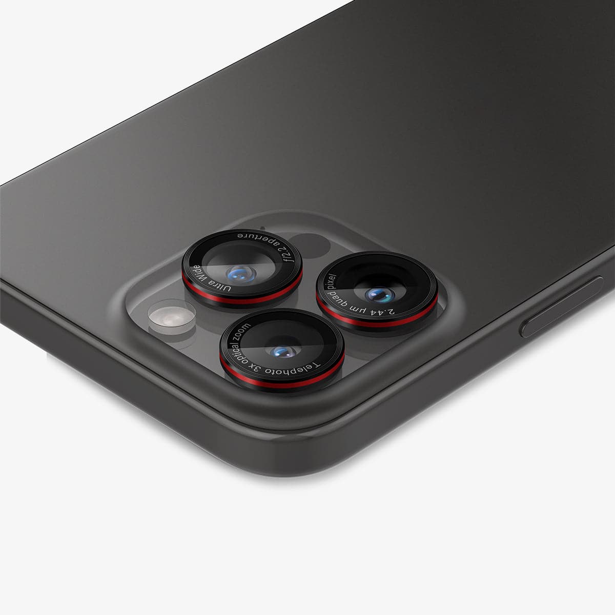 AGL05217 - iPhone 15 Pro / 15 Pro Max Optik Pro Lens Protector L-series showing the back, top and side zoomed in on camera lens