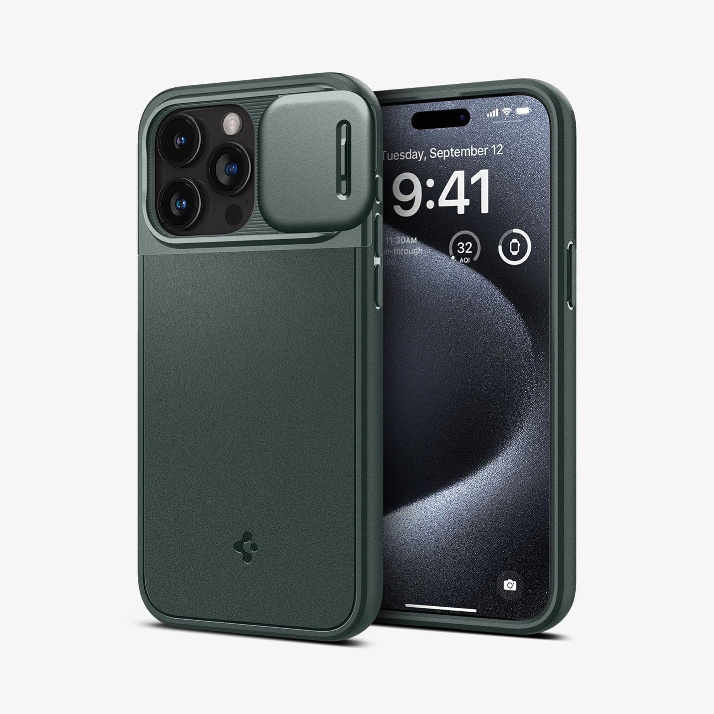 ACS06739 - iPhone 15 Pro Case Optik Armor (MagFit) in abyss green showing the back and front with lens slot open