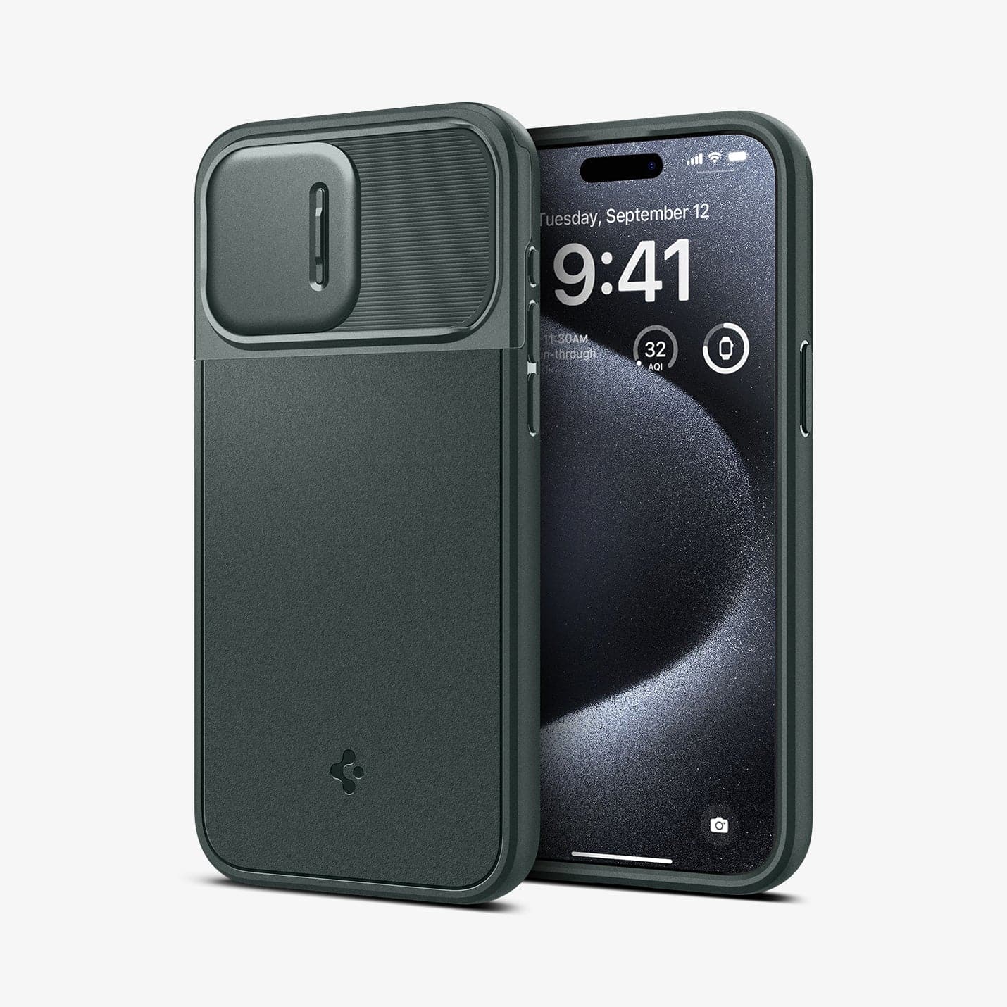 ACS06739 - iPhone 15 Pro Case Optik Armor (MagFit) in abyss green showing the back and front