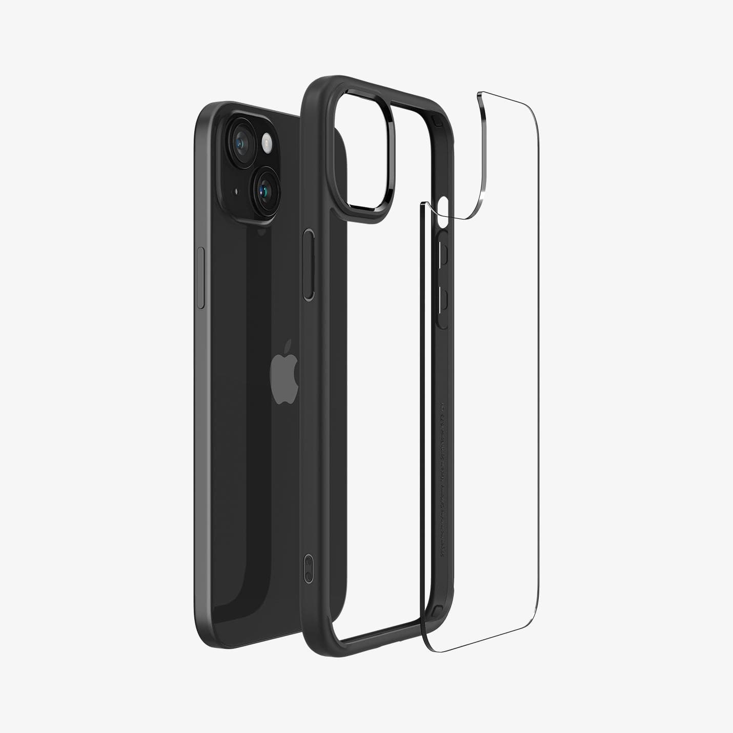 ACS06657 - iPhone 15 Plus Case Ultra Hybrid in matte black showing the back with multiple layers of case hovering away from device