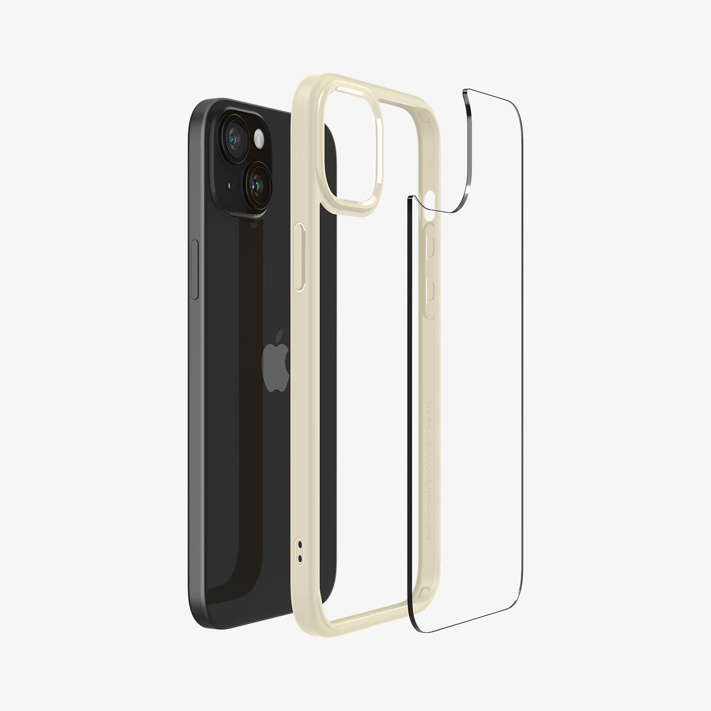 ACS06658 - iPhone 15 Plus Case Ultra Hybrid in mute beige showing the back with multiple layers of case hovering away from device