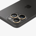 AGL05598 - iPhone 15 Pro / 15 Pro Max Optik Pro Lens Protector in gold showing the back, top and side zoomed in on camera lens