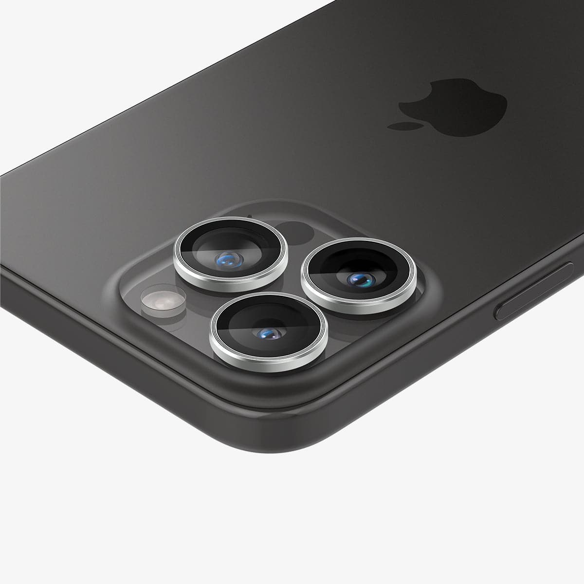 AGL05599 - iPhone 15 Pro / 15 Pro Max Optik Pro Lens Protector in silver showing the back, top and side zoomed in on camera lens
