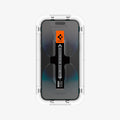AGL05202 - iPhone 14 Pro Max Screen Protector EZ FIT GLAS.tR (Sensor Protection) showing the ez fit tray installed onto the device front view