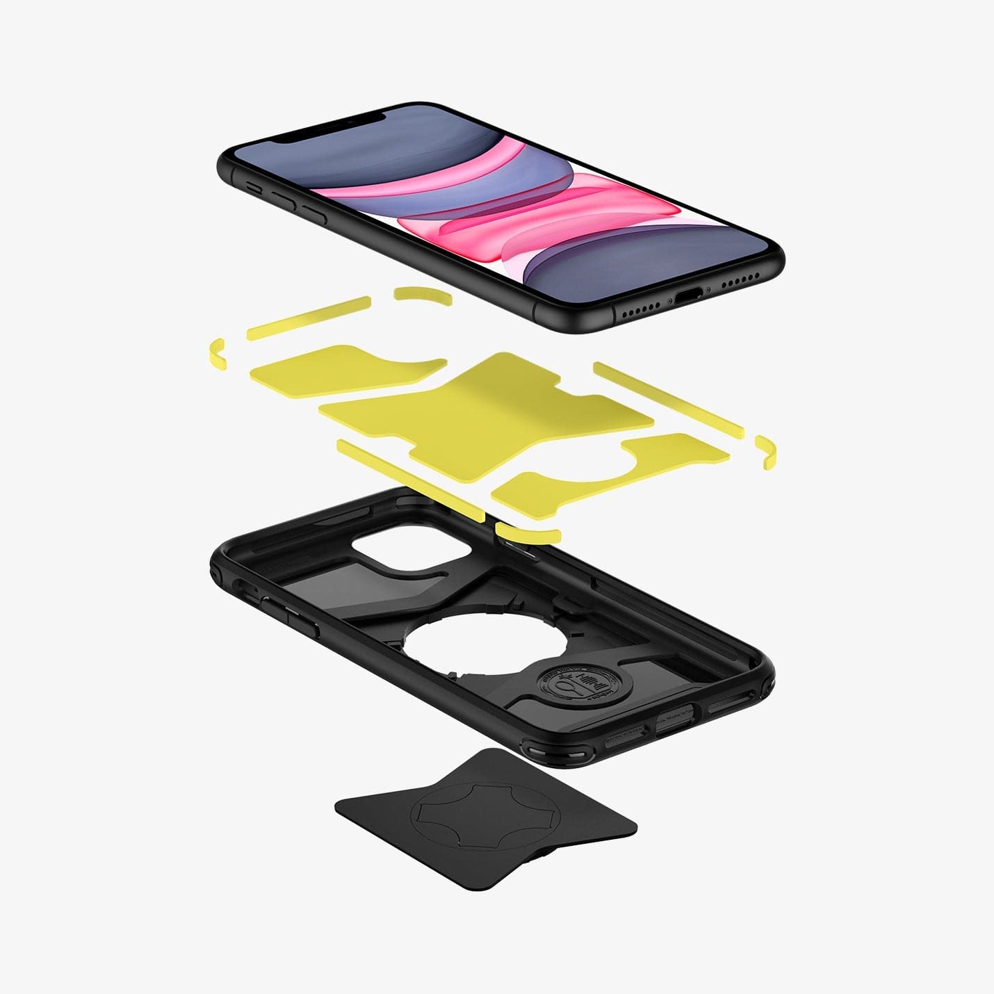 ACS00279 - iPhone 11 Case Gearlock Bike Mount in black showing the device hovering above the multiple parts of case
