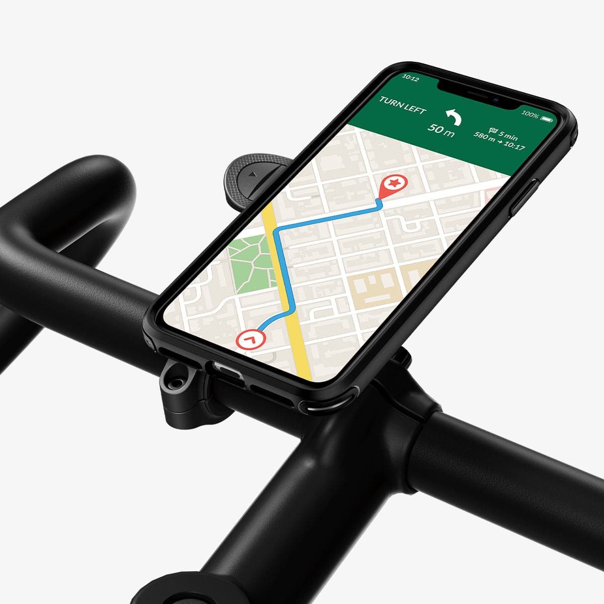 ACS00279 - iPhone 11 Case Gearlock Bike Mount in black showing the front with case mounted to bike