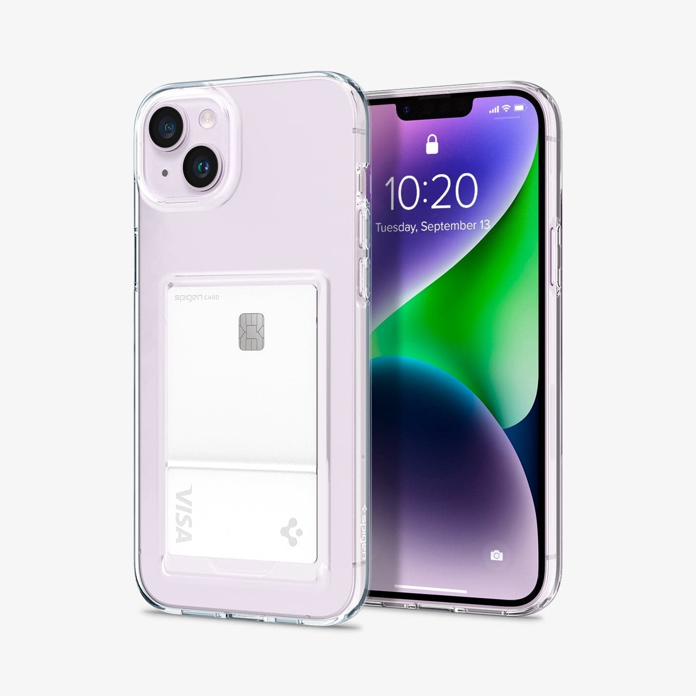 ACS05054 - iPhone 14 Case Crystal Slot in crystal clear showing the back and front with card in slot