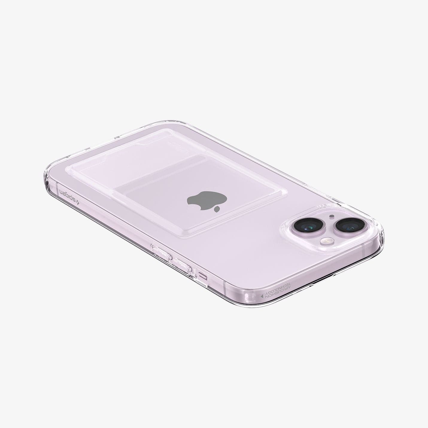 ACS05054 - iPhone 14 Case Crystal Slot in crystal clear showing the back, top and side with device laying flat