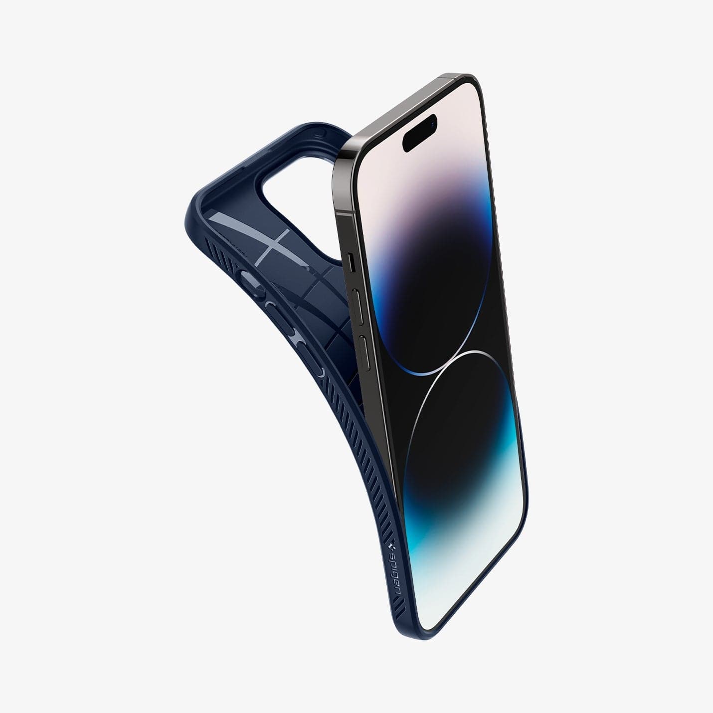 ACS04958 - iPhone 14 Pro Case Liquid Air in navy blue showing the back bending slightly away from device to show the flexibility