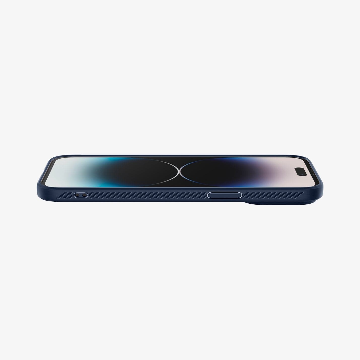 ACS04958 - iPhone 14 Pro Case Liquid Air in navy blue showing the front and side with device laying flat