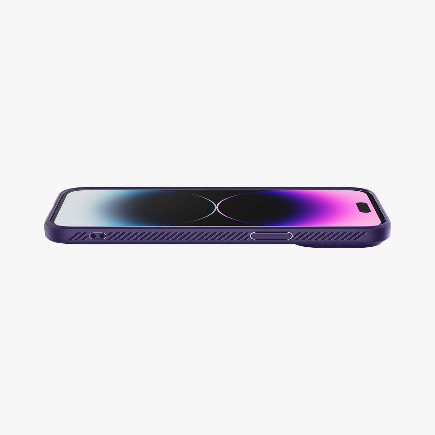 ACS05578 - iPhone 14 Pro Case Liquid Air in deep purple showing the front and side with device laying flat