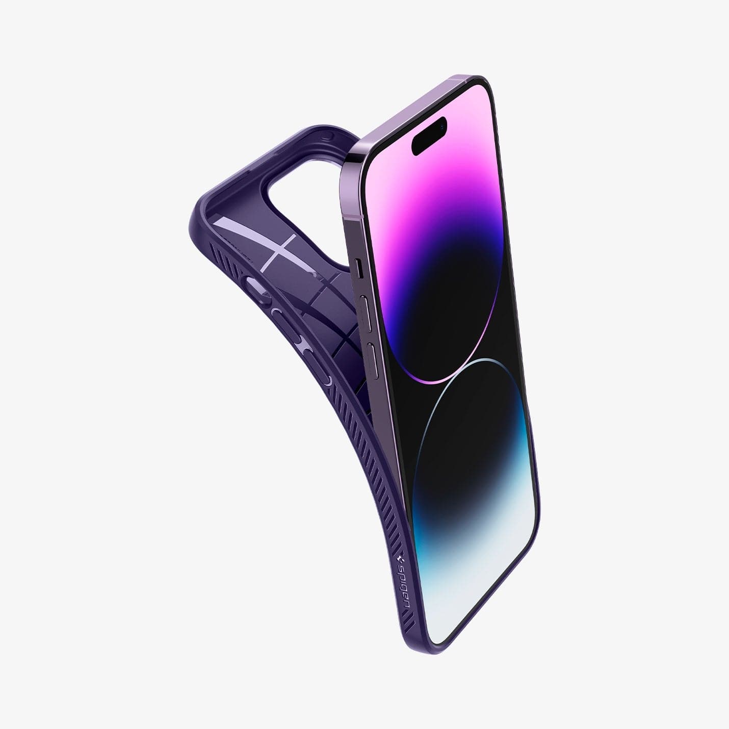 ACS05575 - iPhone 14 Pro Max Case Liquid Air in deep purple showing the back bending slightly away from device to show the flexibility