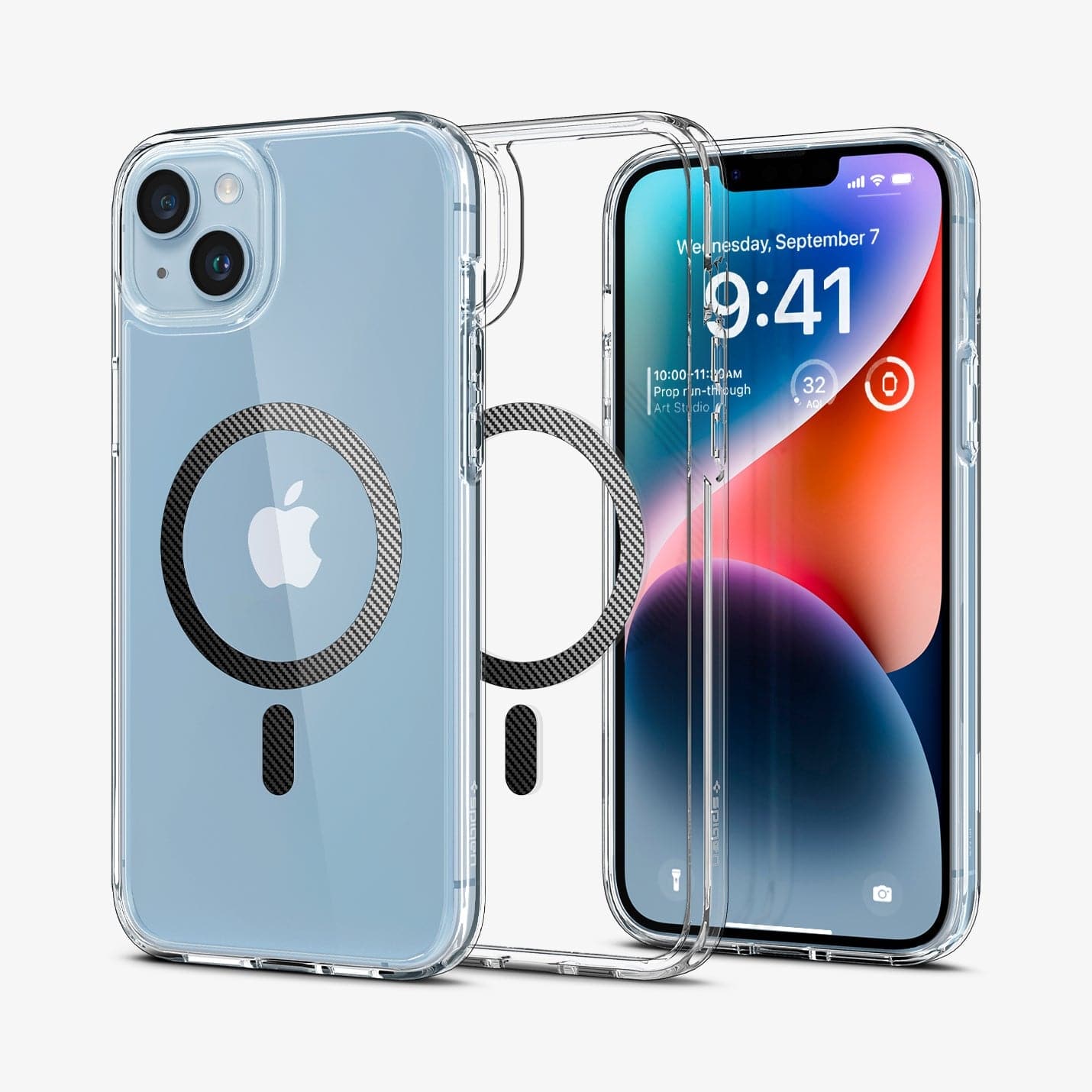 ACS04904 - iPhone 14 Plus Case Ultra Hybrid (MagFit) in carbon fiber showing the back, inside and front