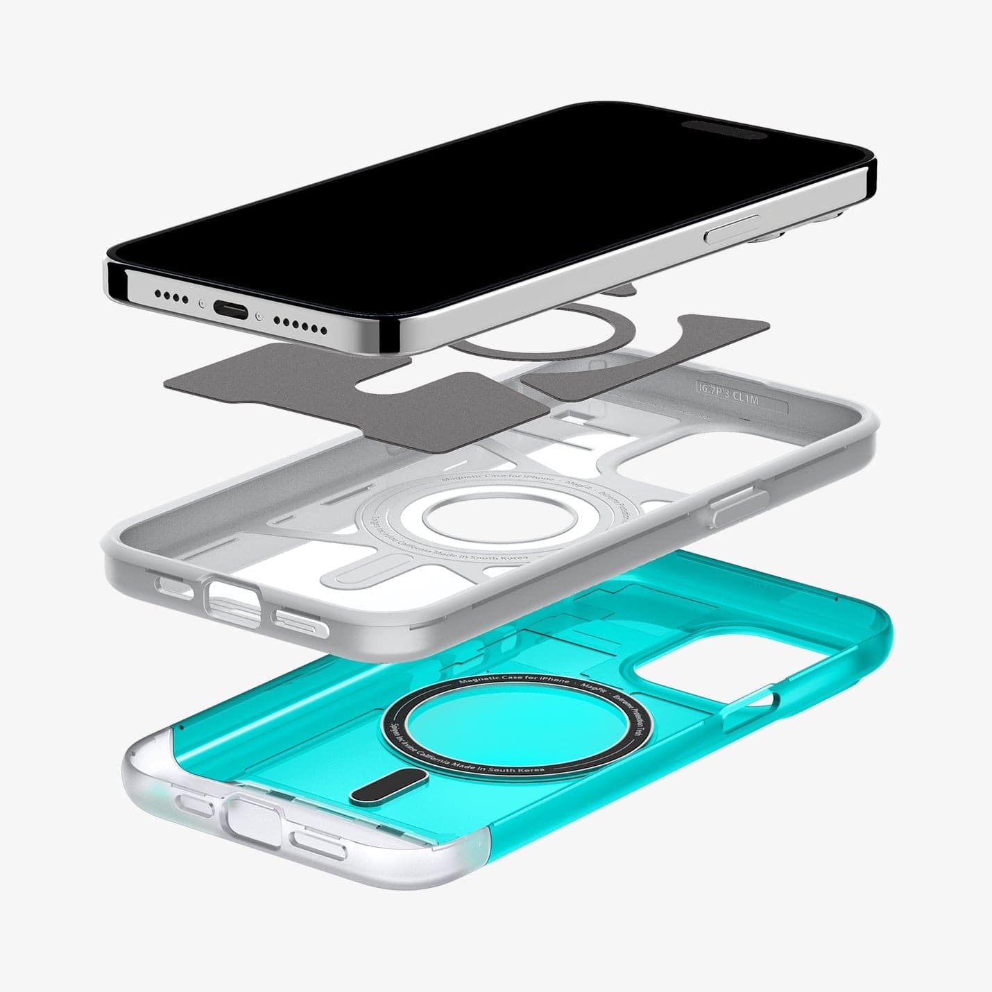 ACS06743 - iPhone 15 Pro Case Classic C1 (MagFit) in bondi blue showing the device hovering above the multiple layers of case
