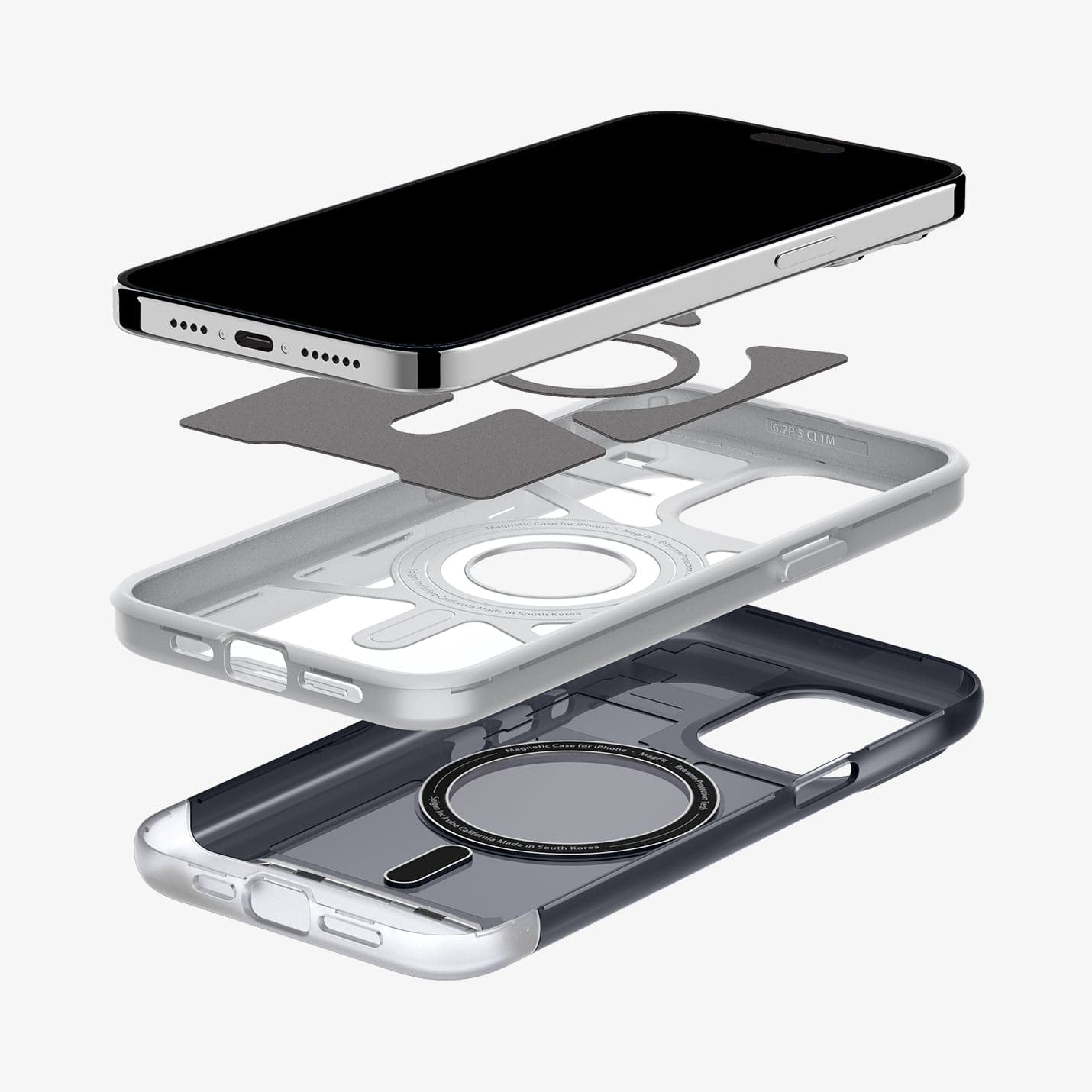 ACS06607 - iPhone 15 Pro Max Case Classic C1 (MagFit) in graphite showing the device hovering above the multiple layers of case