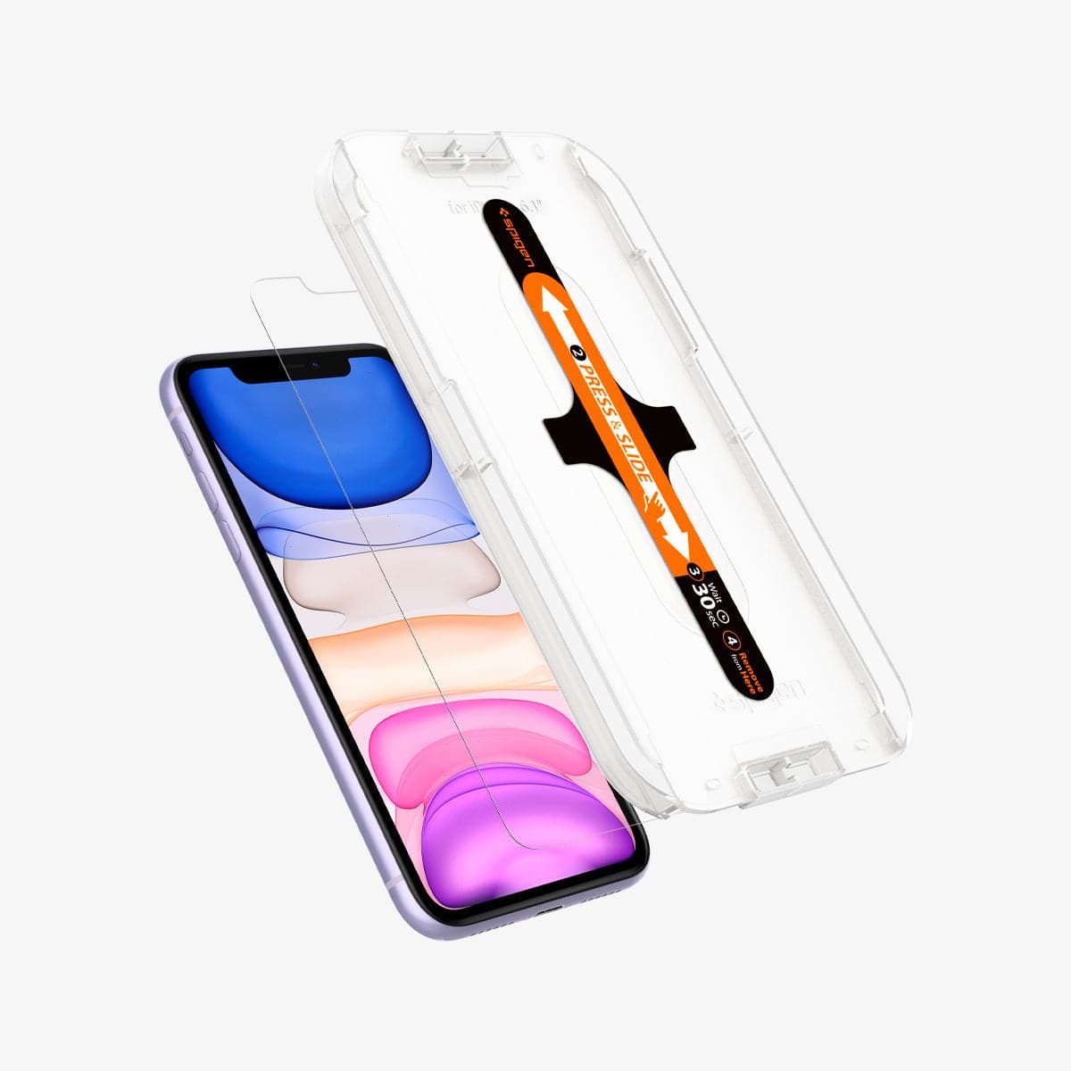 064GL25166 - iPhone 11 Screen Protector GLAS.tR EZ Fit showing the ez fit tray and screen protector hovering in front of device