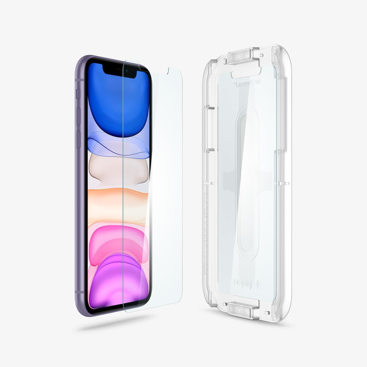 064GL25166 - iPhone 11 Screen Protector GLAS.tR EZ Fit showing the ez fit tray and screen protector hovering in front of device
