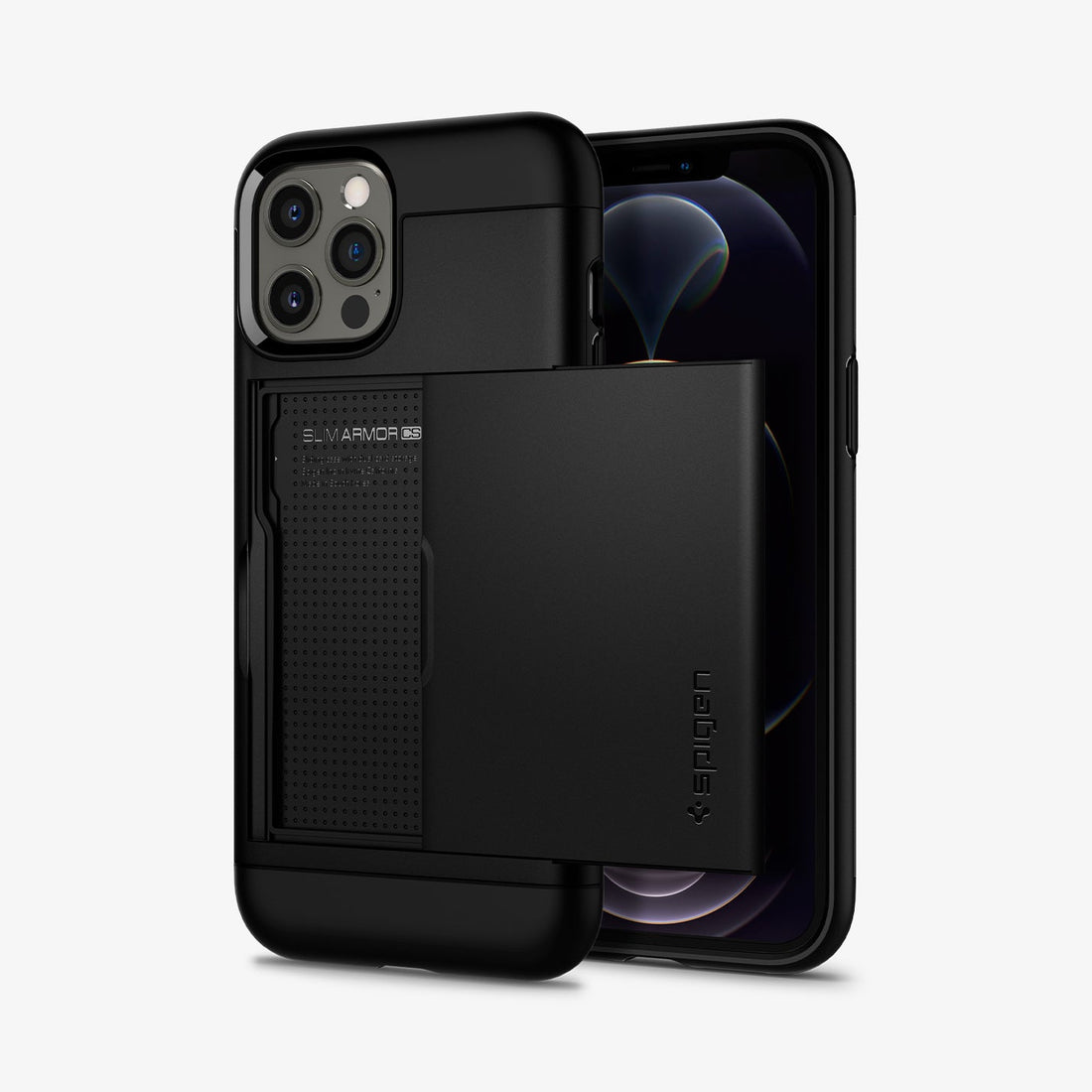 ACS01707 - iPhone 12 / iPhone 12 Pro Case Slim Armor CS in black showing the back with card slot slightly open