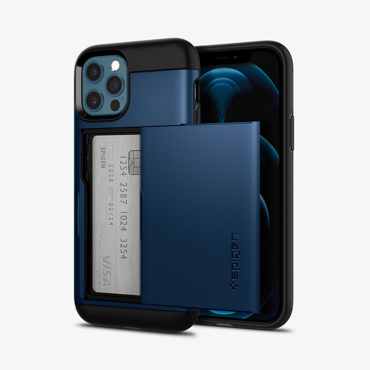 ACS02297 - iPhone 12 / iPhone 12 Pro Case Slim Armor CS in navy blue showing the back and front with card in slot