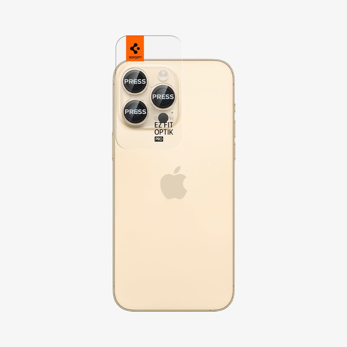 AGL05598 - iPhone 14 Pro / 14 Pro Max Optik Pro Lens Protector in gold showing the back with ez fit installed on camera lens