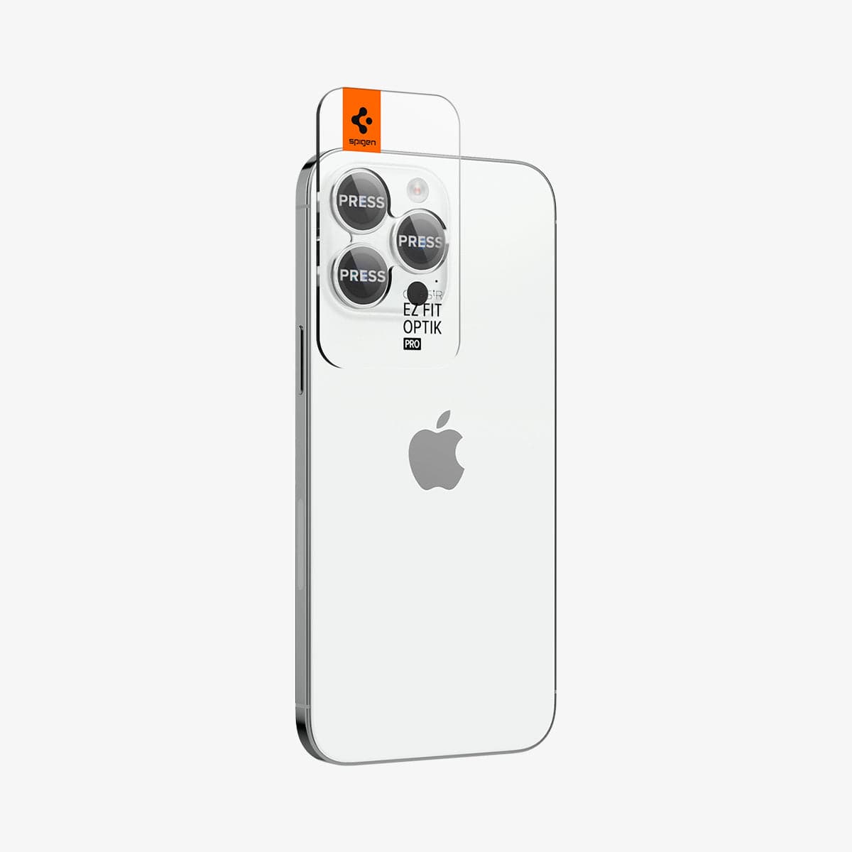 AGL05599 - iPhone 14 Pro / 14 Pro Max Optik Pro Lens Protector in silver showing the back and partial side with ez fit installed on camera lens