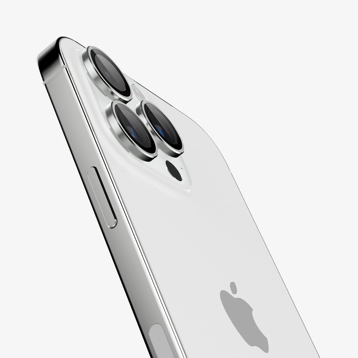 AGL05599 - iPhone 14 Pro / 14 Pro Max Optik Pro Lens Protector in silver showing the back and partial side zoomed in on camera lens