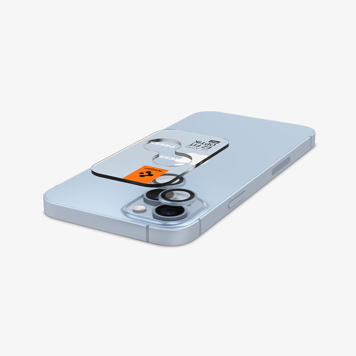 AGL05602 - iPhone 14 / 14 Plus Optik Pro Lens Protector in blue showing the back with device laying flat and lens protector and ez fit tray hovering slightly above camera lens