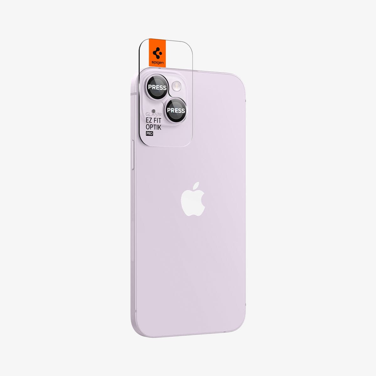 AGL05603 - iPhone 14 / 14 Plus Optik Pro Lens Protector in purple showing the back and partial side with ez fit installed on camera lens