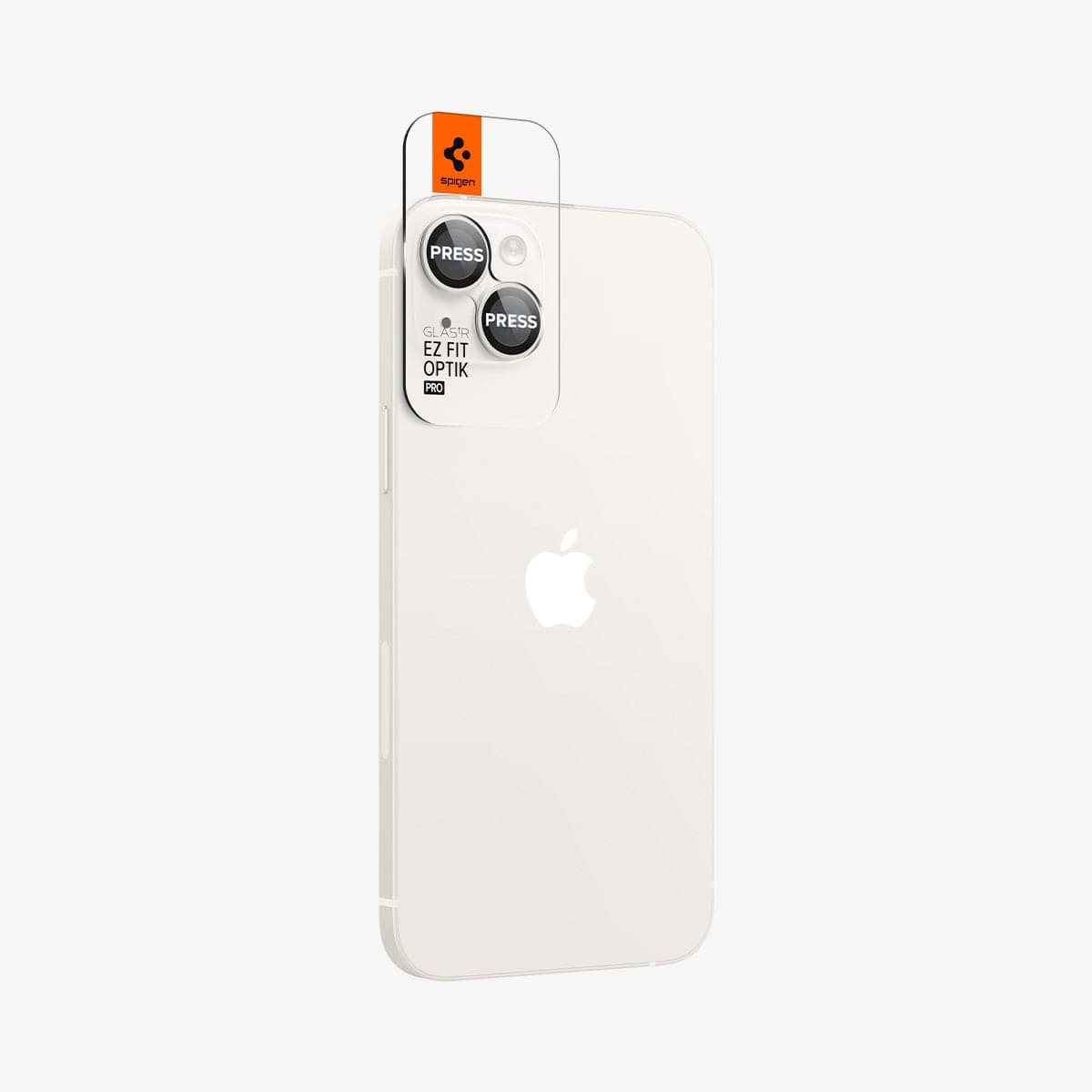 AGL05604 - iPhone 14 / 14 Plus Optik Pro Lens Protector in starlight showing the back and partial side with ez fit installed on camera lens