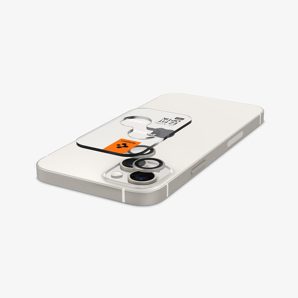 AGL05604 - iPhone 14 / 14 Plus Optik Pro Lens Protector in starlight showing the back with device laying flat and lens protector and ez fit tray hovering slightly above camera lens