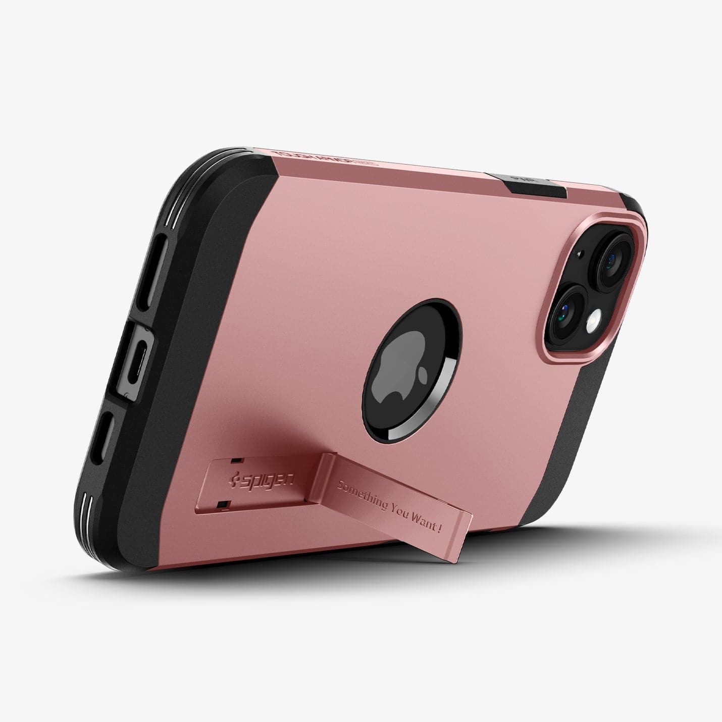 ACS06813 - iPhone 15 Case Tough Armor (MagFit) in rose gold showing the back with device propped up by built in kickstand