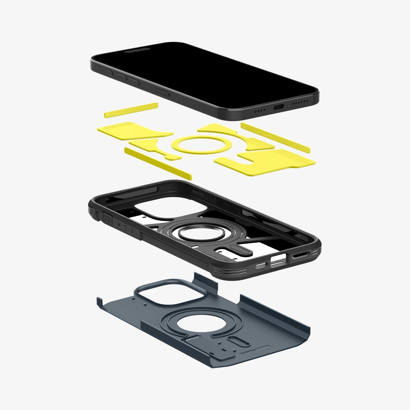 ACS06734 - iPhone 15 Pro Case Tough Armor (MagFit) in metal slate showing the hard pc, soft tpu, impact foam and device