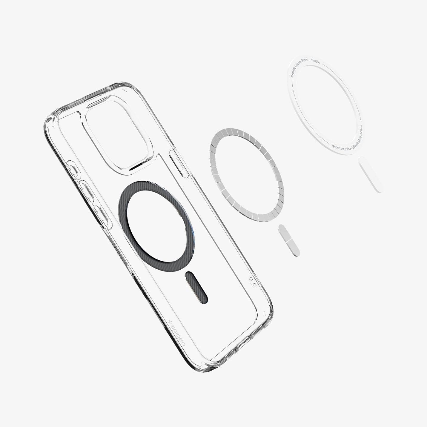 ACS06717 - iPhone 15 Pro Case Ultra Hybrid (MagFit) in carbon fiber showing the magnetic ring layers