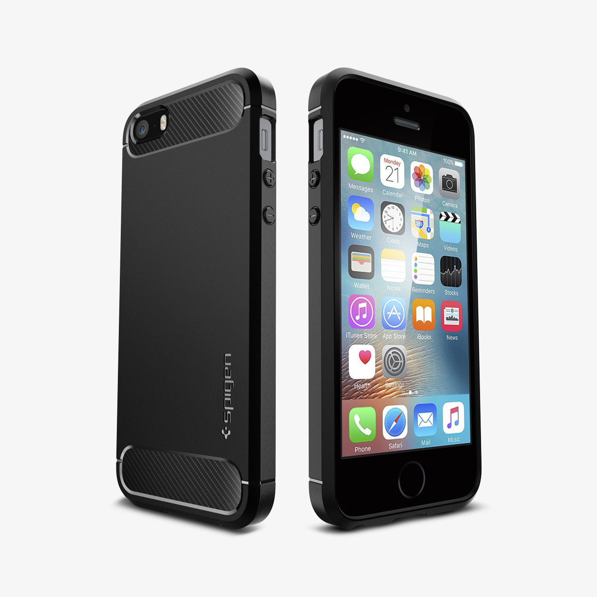 041CS20167 - iPhone SE Rugged Armor case in black showing the back and front