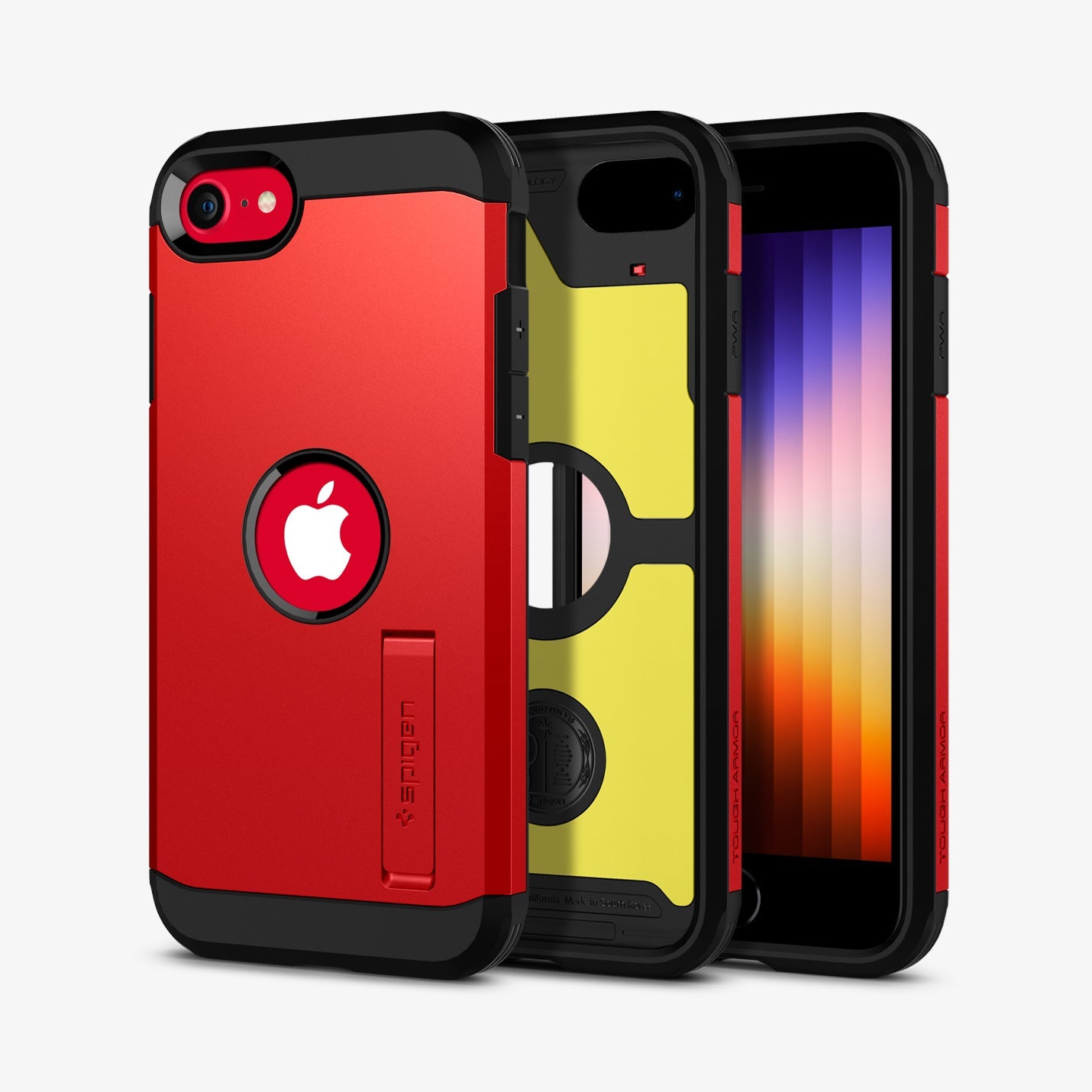 ACS01241 - iPhone SE Tough Armor case in red showing the back, inside, and front