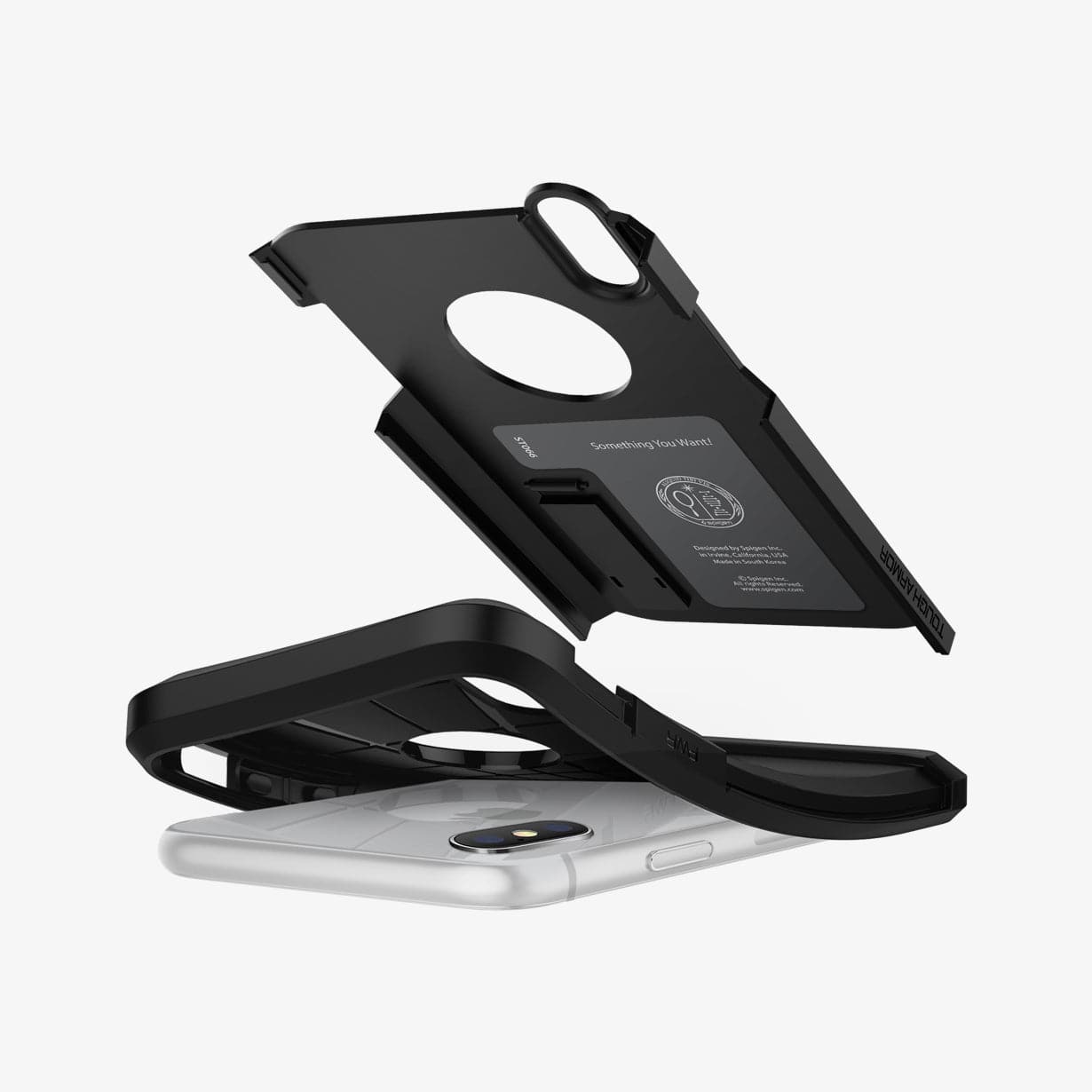 057CS22161 - iPhone XS / X Case Tough Armor in gunmetal showing the case bending away from device and hard pc hovering above