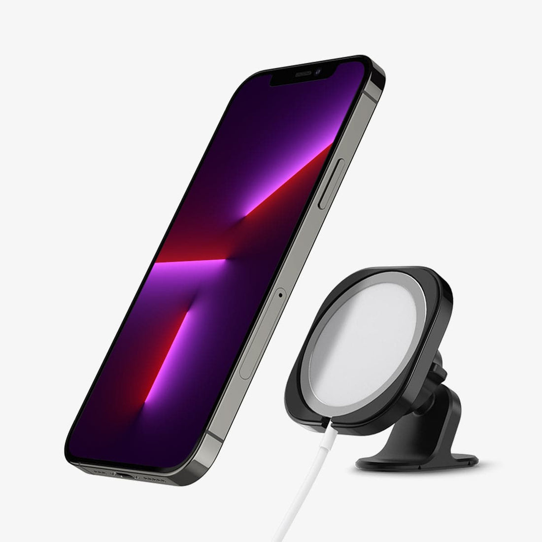 ACP03792 - MagFit Adhesive Car Mount (MagFit) in black showing the car mount, magsafe charger and device