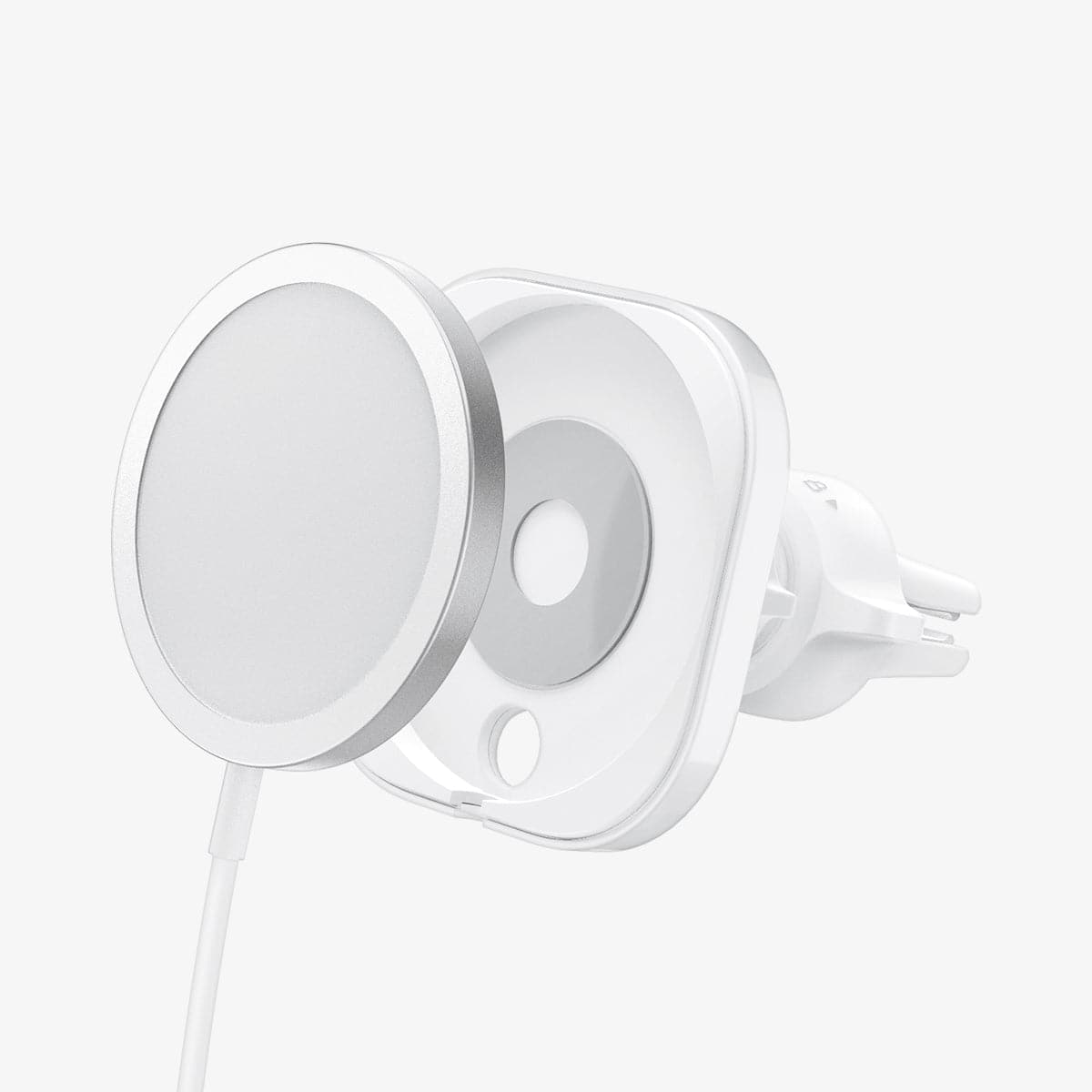 ACP03163 - MagFit Car Mount (MagFit) in white showing the magsafe charger hovering in front of the mount