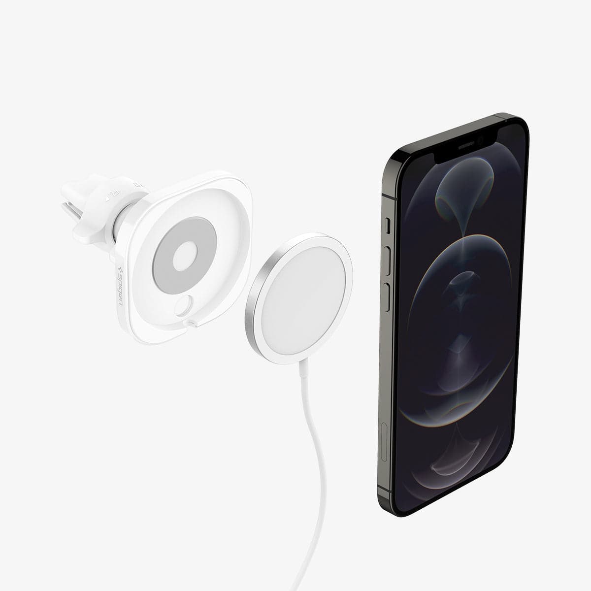 ACP03163 - MagFit Car Mount (MagFit) in white showing a device, magsafe charger and mount