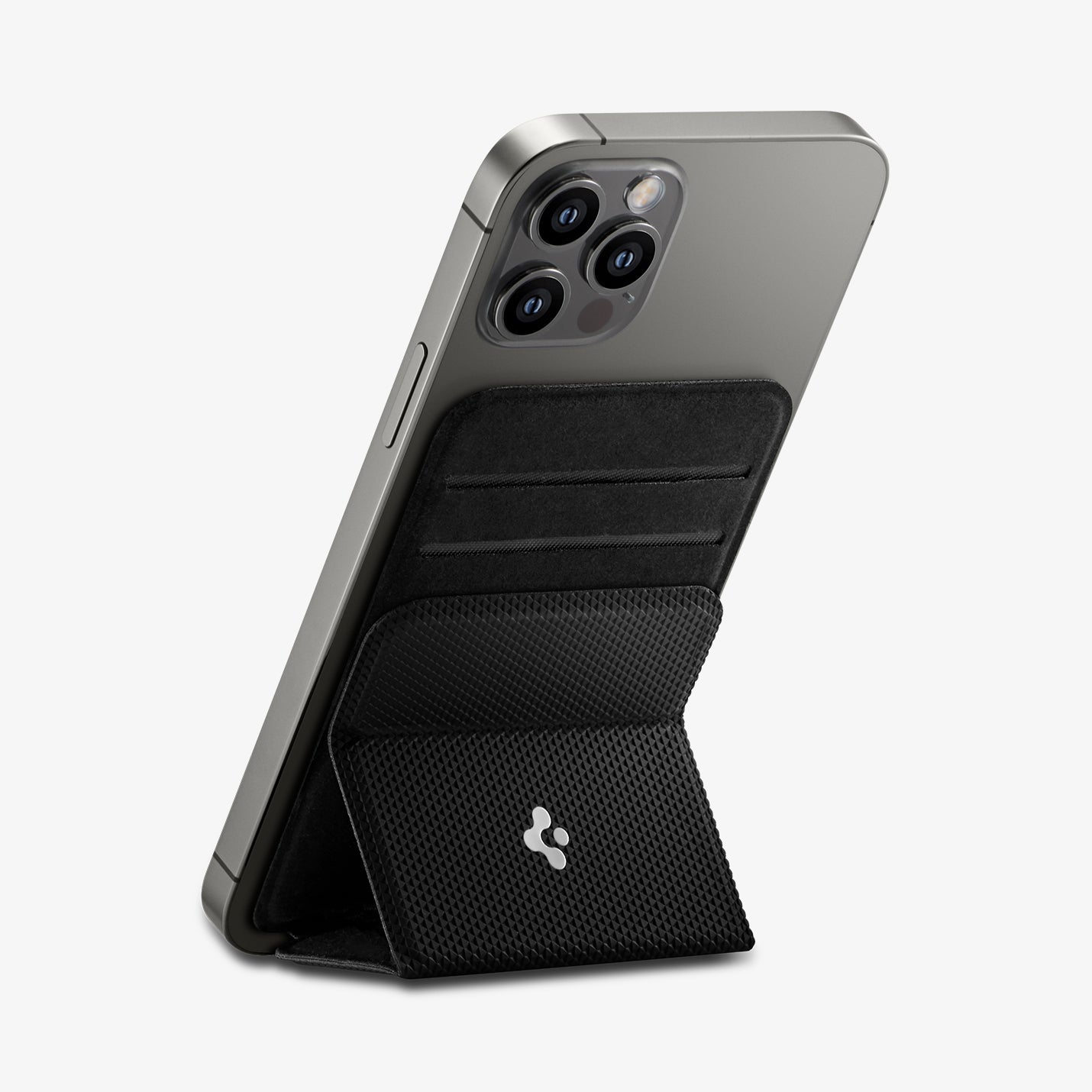 AMP02834 - Universal Card Holder Smart Fold in black showing the card holder propping up a device by built in kickstand