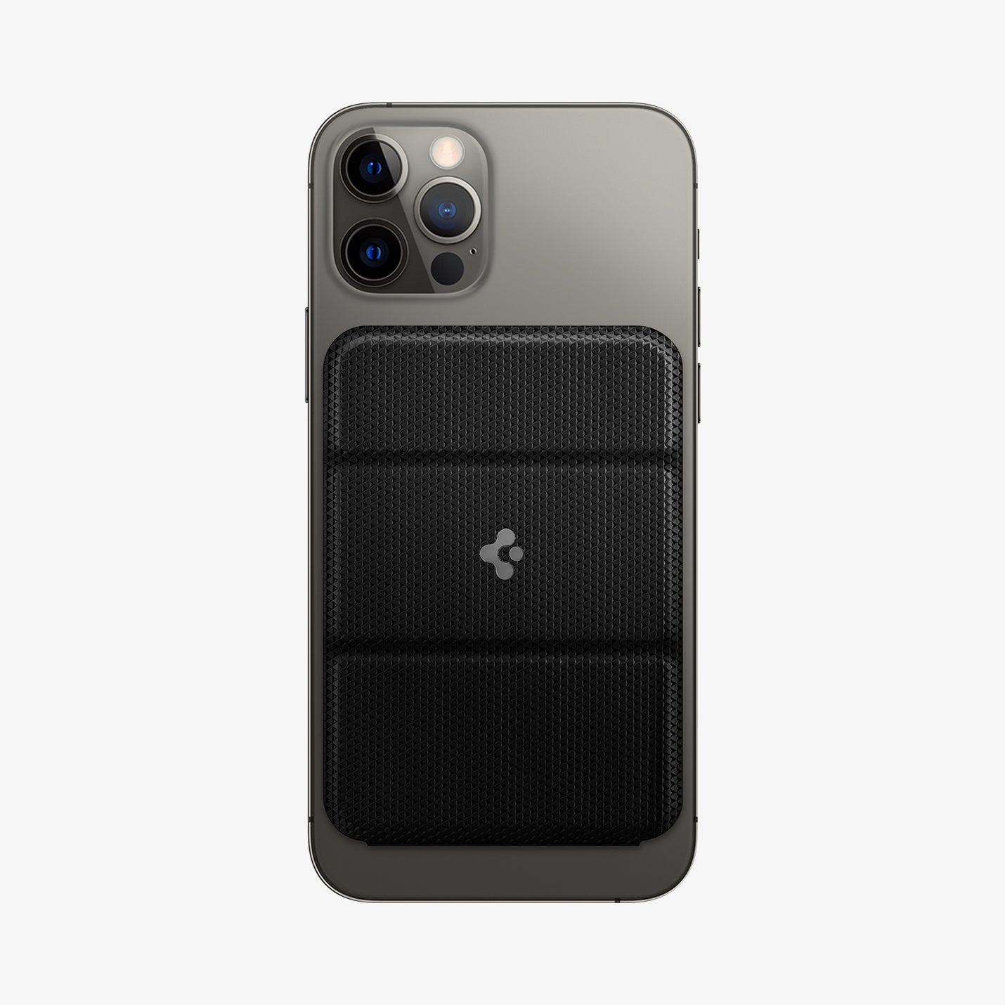 AMP02834 - Universal Card Holder Smart Fold in black showing the front attached to back of a device