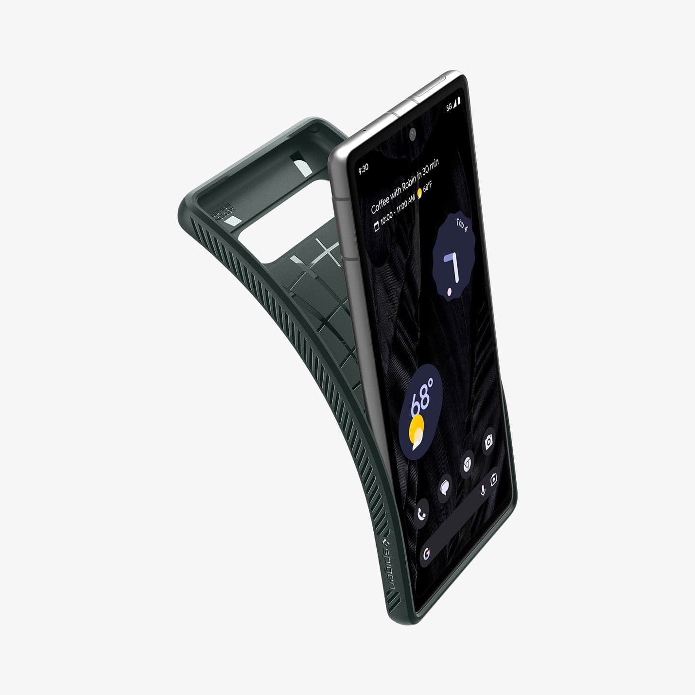 ACS06094 - Pixel 7a Case Liquid Air in abyss green showing the case bending away from device