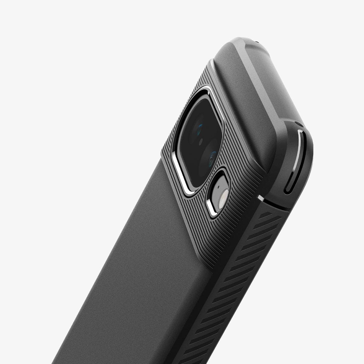 ACS06277 - Pixel 8 Case Rugged Armor in matte black showing the back and side zoomed in on camera lens