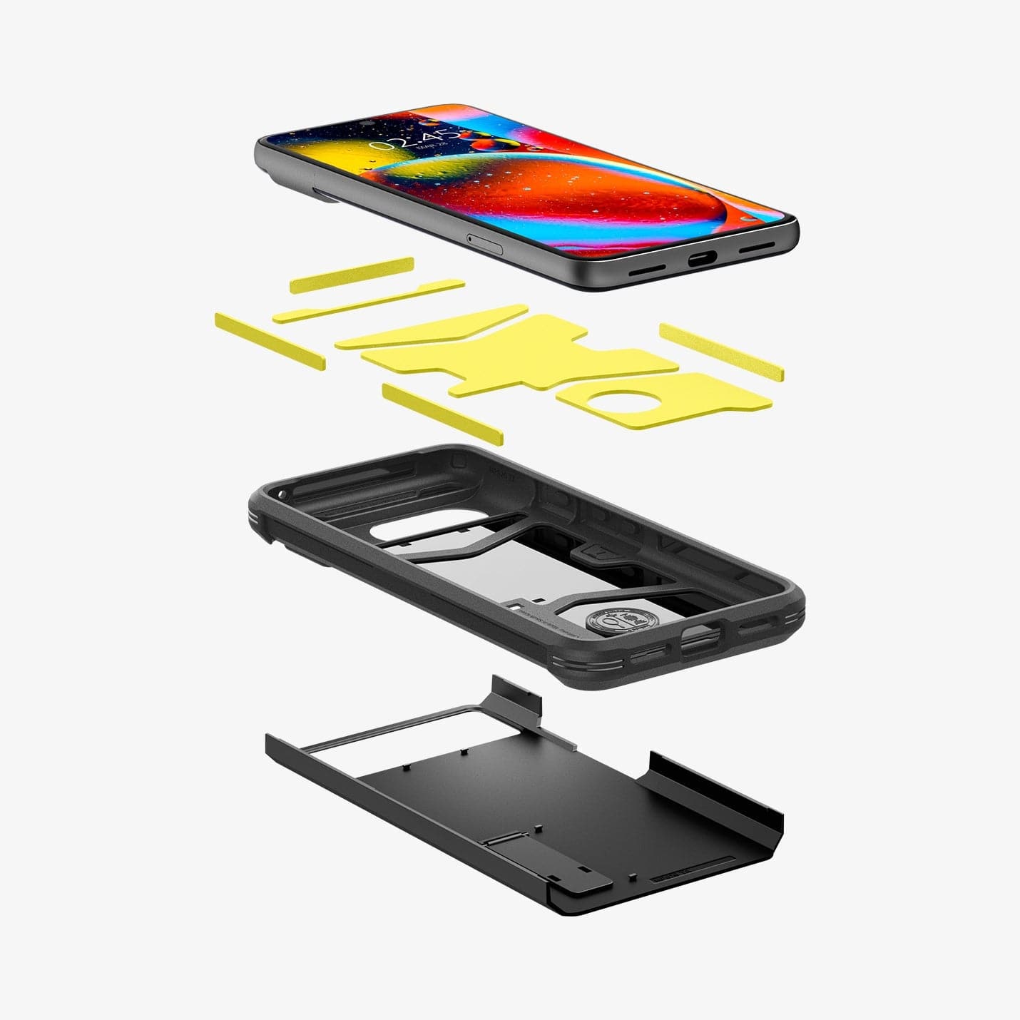 ACS06282 - Pixel 8 Case Tough Armor in black showing the hard pc, soft tpu, impact foam and device