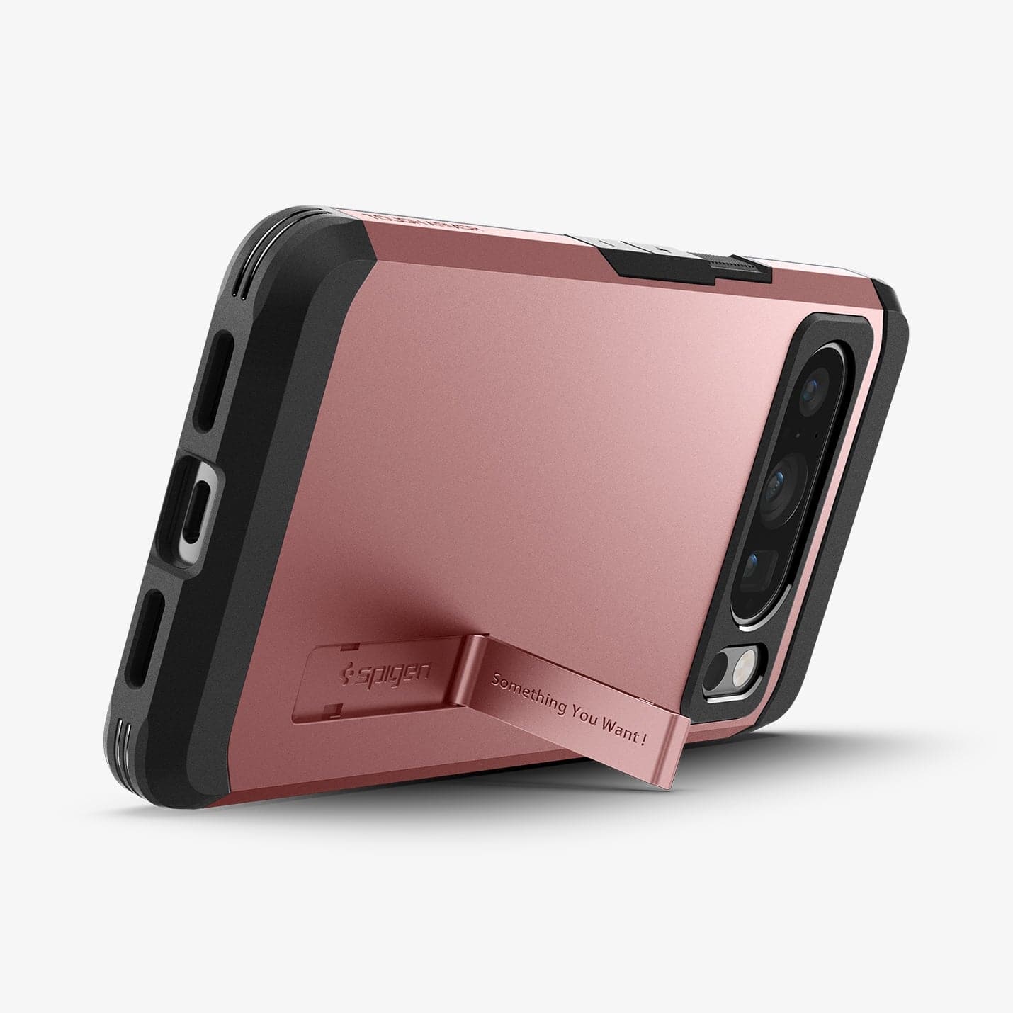 ACS06321 - Pixel 8 Pro Case Tough Armor in rose gold showing the back and bottom with device propped up by built in kickstand