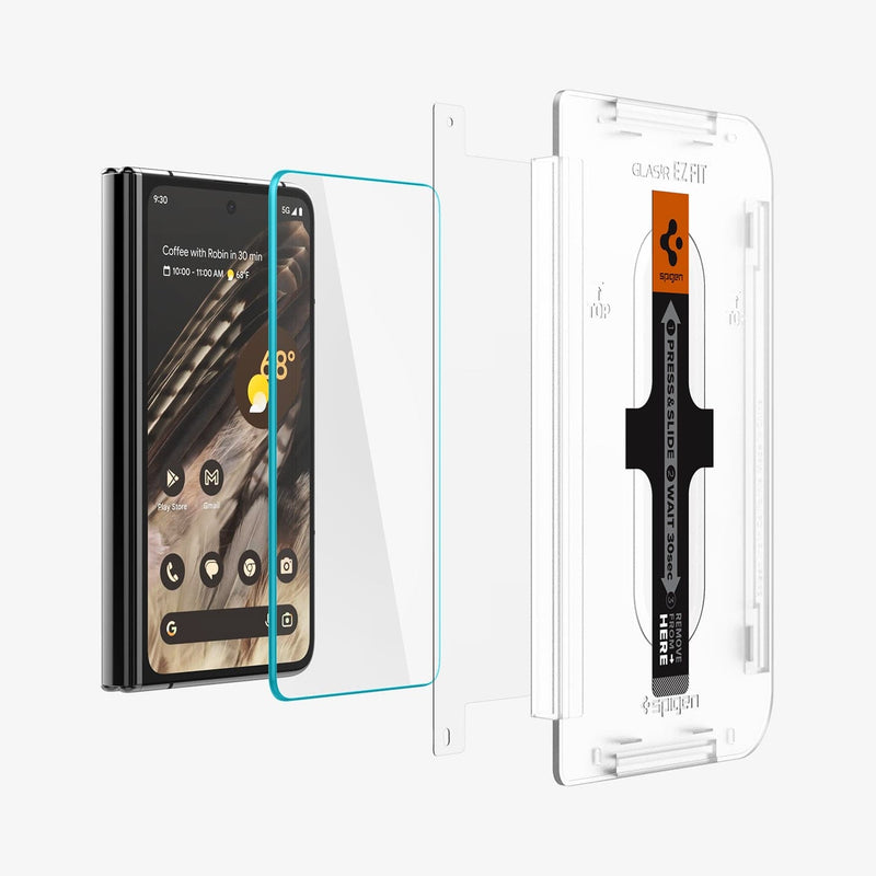 AGL06200 - Pixel Fold Series GLAS.tR EZ Fit Screen Protector showing the screen protector, protective film and ez fit tray hovering in front of device