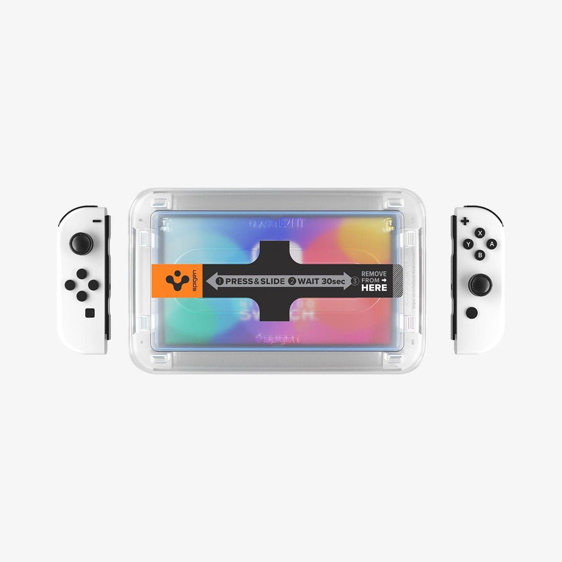 AGL10156 - Nintendo Switch 2 GLAS.tR EZ Fit in Clear showing the installation tray hovering above the film strip, screen protector and the device with the packaging on the side