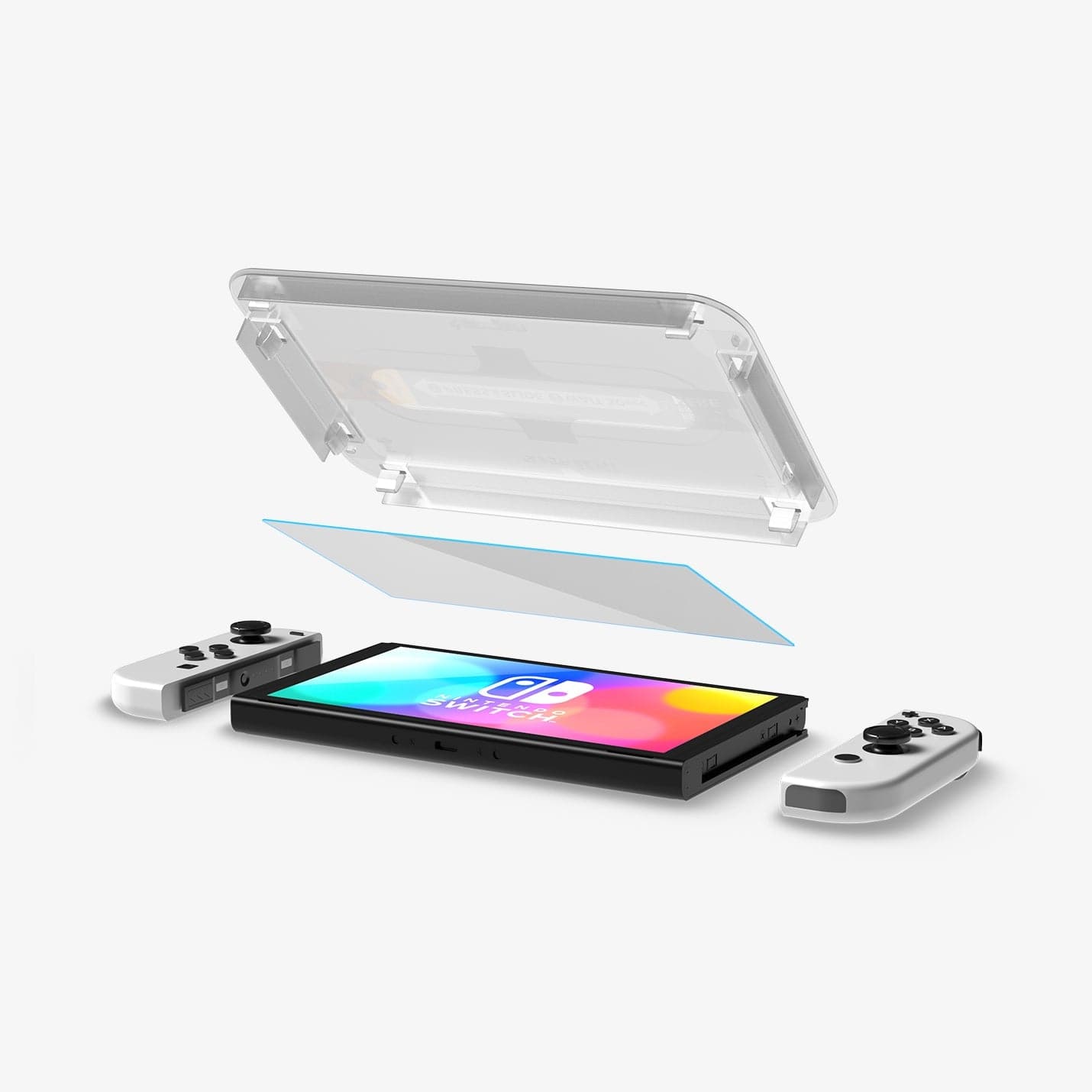 AGL03829 - Nintendo Switch OLED Screen Protector EZ Fit GLAS.tR showing the ez fit tray and screen protector being installed onto device