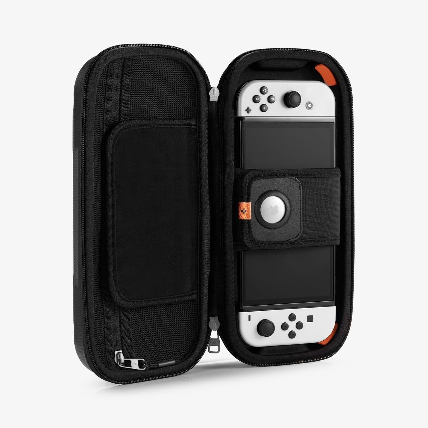 AFA04021 - Nintendo Switch OLED Rugged Armor Pro Pouch in matte black showing the inside with device in slot and airtag in slot