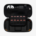 AFA04021 - Nintendo Switch OLED Rugged Armor Pro Pouch in matte black showing the inside with games, controllers and charging cable in slots